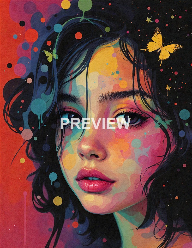 A colorful, artistic portrait of a young woman with dark hair, surrounded by butterflies and abstract splashes of vibrant colors.